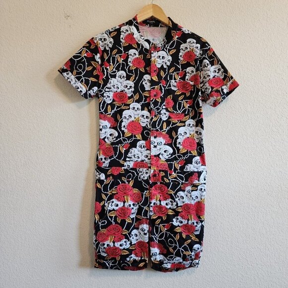 Glimms New York Skulls & Roses Fitted Cotton/Spandex Button Front Romper Mens L - Picture 2 of 12
